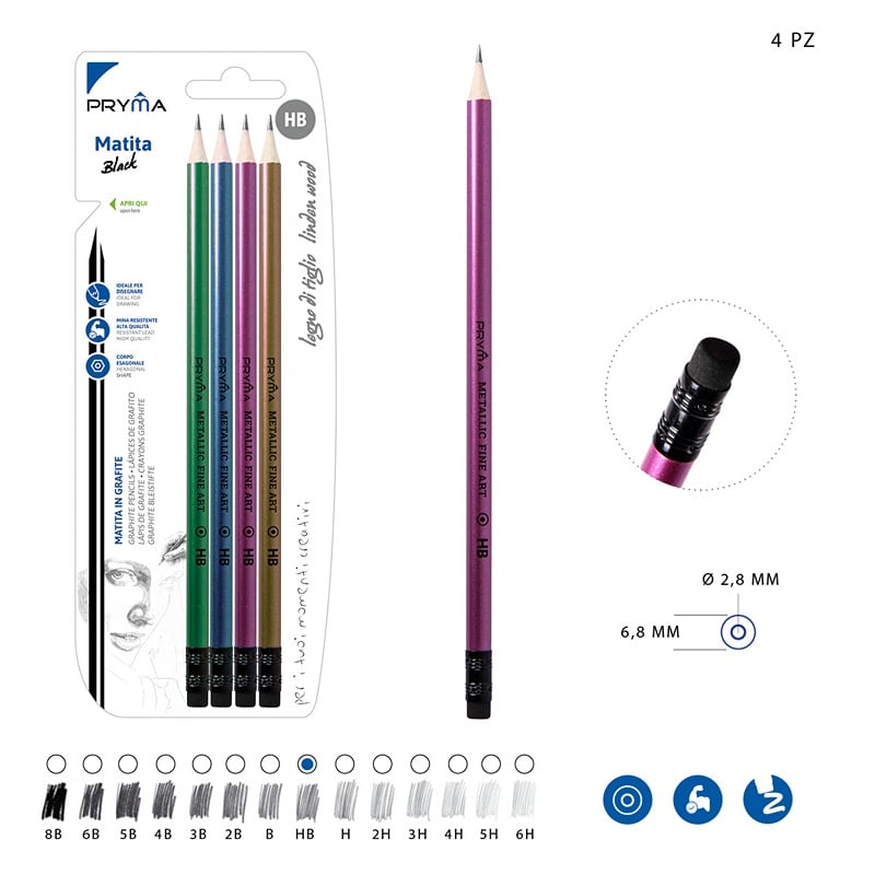Matita In Grafite Metallic Con Gommino | Hb – Ø 2,8 Mm 4pz